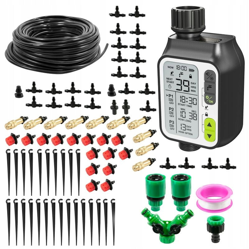 Kit de irigare prin picurare pentru gradina, Zola,  furtun 25 m, presiune reglabila 0.5-8 bari, controller, functie de programare, setarea timpului de functionare, senzor ploaie, duze si accesorii Kit de irigare prin picurare pentru gradina, Zola,  furtun 25 m, presiune reglabila 0.5-8 bari, controller, functie de programare, setarea timpului de functionare, senzor ploaie, duze si accesorii